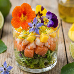 Tartare de saumon et crevettes cuites à la mangue (60ml)