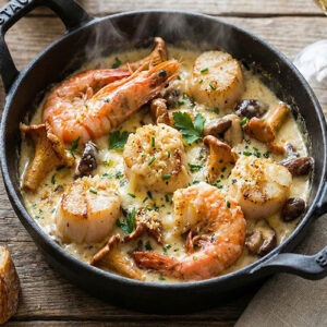Cassolette de Saint-Jacques aux gambas et champignons