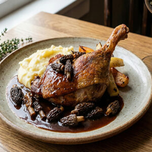 Cuisse de canette rôtie aux morilles et jus corsé
