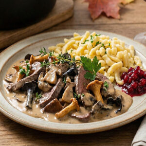 Émincé de chevreuil et sauce aux champignons forestiers