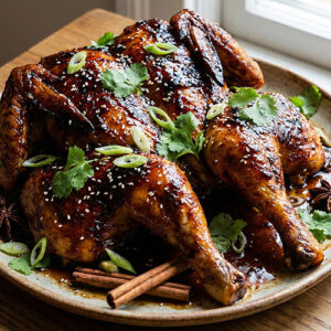 Poulet fermier entier laqué aux 5 épices et miel
